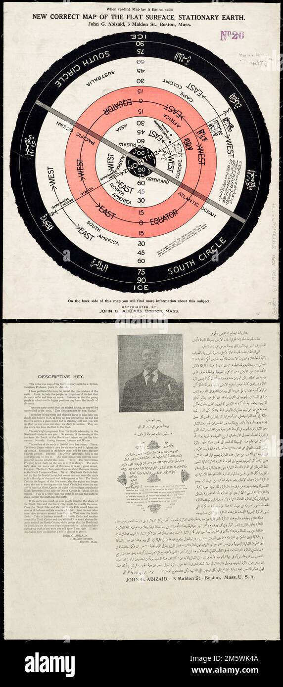 Nuova mappa corretta della superficie piana, messa a terra fissa. Illustra la teoria dell'autore della terra come piana e stazionaria. Data di pubblicazione dalla registrazione del copyright. Testo esplicativo sul verso. Accompagnare l'Illuminismo del mondo dell'autore. Testo in inglese e arabo.... , Mondo Foto Stock