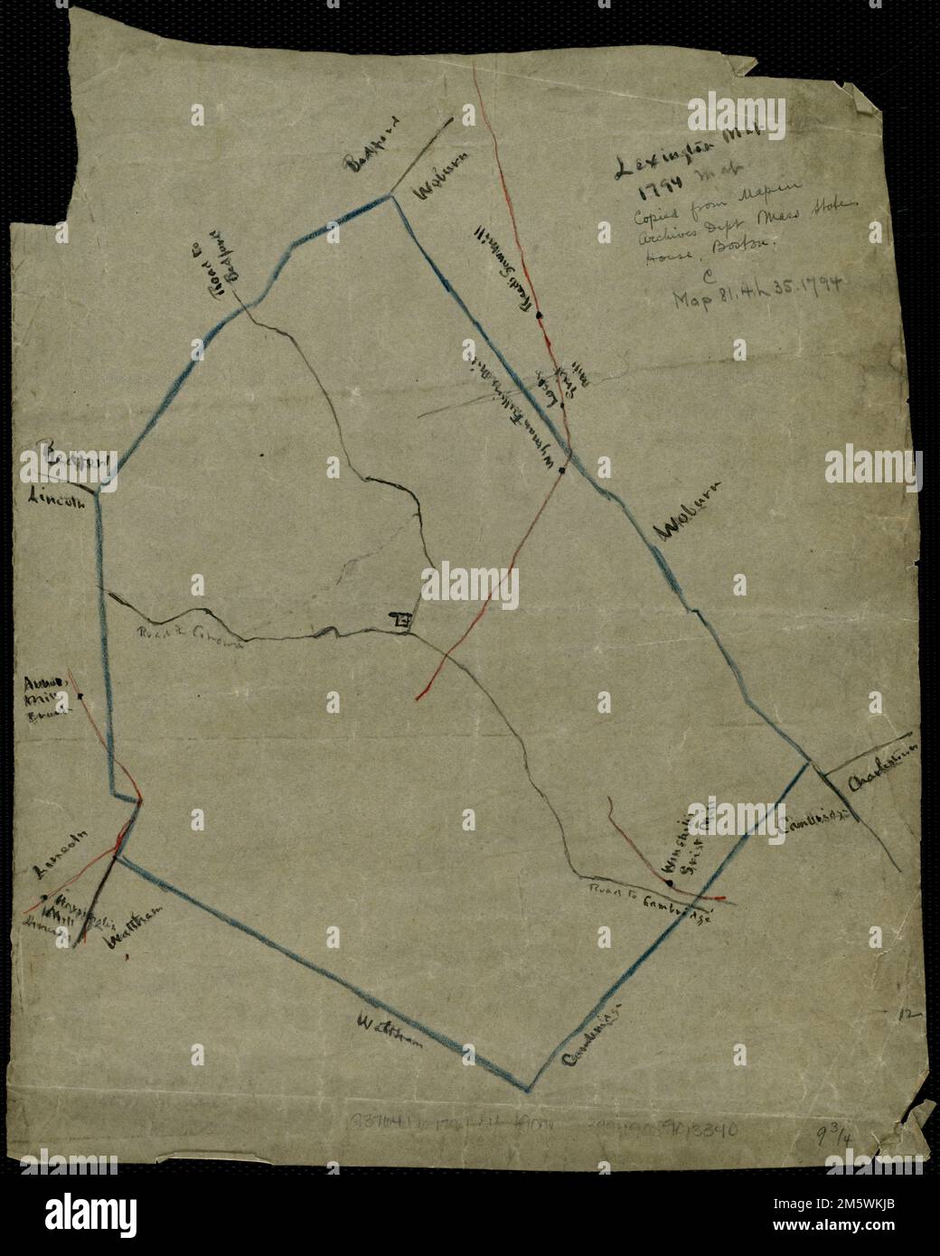 Mappa di Lexington 1794. Copiato dalla mappa nel Dipartimento Archivi. Massa State House Boston. Mostra le strade per Cambridge, Concord e Bedford, ma. Versione originale: 1794.... , Massachusetts , Middlesex , contea , Lexington Foto Stock