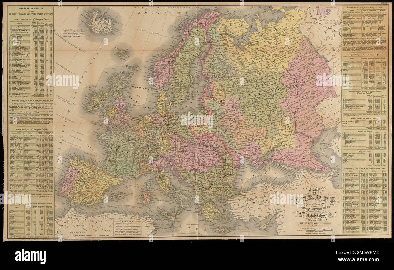 Mappa dell'Europa : compilata dalle ultime autorità. Rilievo mostrato da  hachures. Primi meridiani: Greenwich e Washington. Comprende informazioni sugli  stati europei, le loro teste, le forze armate, le popolazioni, ecc.  Impronta originale