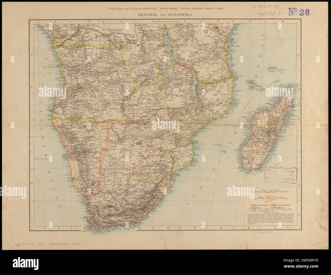 Zentral- und Südafrika. Rilievo mostrato da hachures e altezze del punto. "Probekarte aus Andrees handatlas". Testo sul verso. Mostra i possedimenti europei.... , Africa Centrale, area Africa Meridionale, area Foto Stock