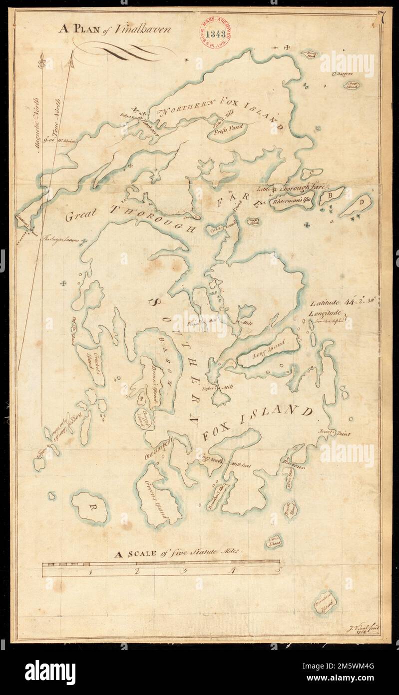 Piano di Vinalhaven realizzato da J. Vinal, nel 1786. Scala da 200rds a 1'..... , Maine , Knox , contea , Vinalhaven Island , isola , Vinalhaven Foto Stock