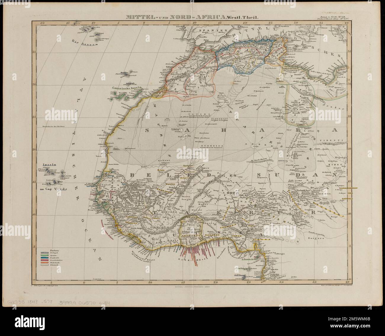 Mittel- und Nord-Africa, westl. theil. Indica i possedimenti coloniali. Rilievo mostrato da hachures. Primo meridiano: [Ferro]. "Ausg. in 63 bl. no LII. Mano-atlante di Stielers (No. 45a)... Mittel- und Nord-Africa, Westlicher theil. Mittel- und Nord-Africa, Westlicher theil, Africa occidentale, area Nord Africa, area Foto Stock