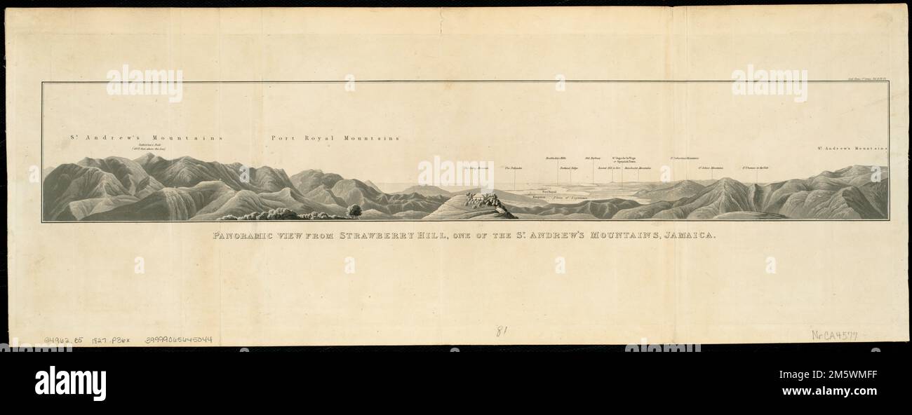 Vista panoramica da Strawberry Hill, una delle colline di St Andrews Montagne, Giamaica. Vista panoramica; nomi di landform. Nel margine superiore: « Geo. Trasm. serie 2nd. Vol II pl. 22.' Compare nelle transazioni della Geological Society of London, Series 2, vol. 2, n.2. Londra: Stampato da Richard Taylor, 1827. Strawberry Hill si trova nelle moderne Blue Mountains.... , Giamaica , il Gran crinale delle Blue Mountains Foto Stock