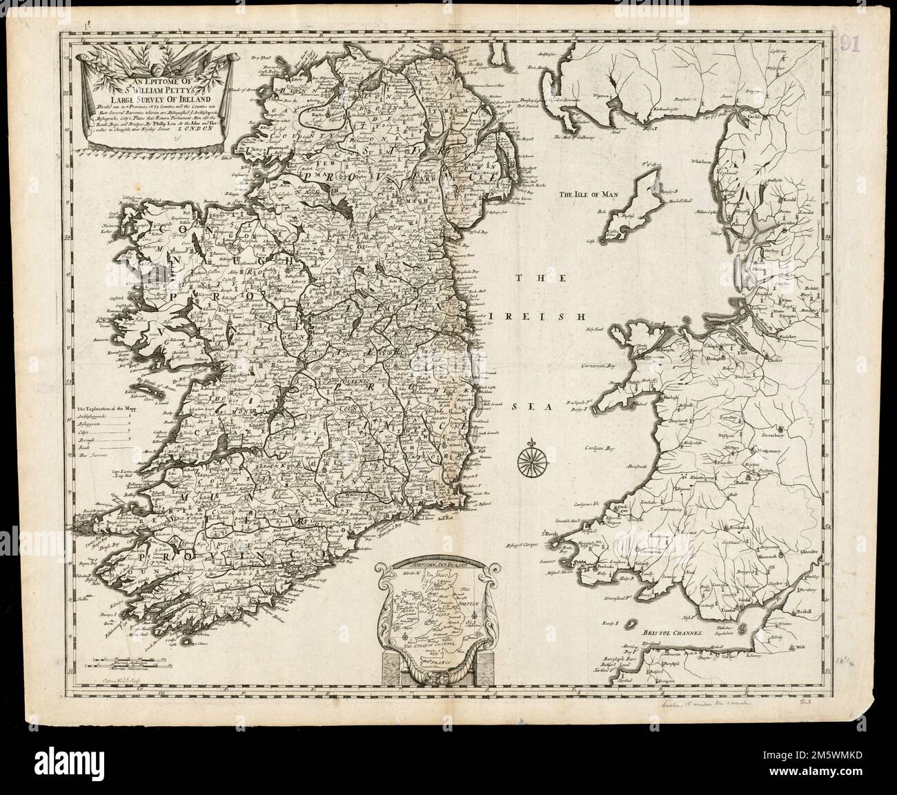 Un epitome di Sr. William Petty's grande indagine dell'Irlanda divisa nelle sue 4 province e 32 contee ... e ponti. Rilievo mostrato in figura. Sutton Nicholls Sculp. Inset: Regno Unito e Irlanda. Catalogazione, conservazione e digitalizzazione rese possibile in parte dal National Endowment for the Humanities: Exploring the Human Endeavor. Parte del portafoglio composito atlas con il titolo "raccolta di vecchie mappe".. Raccolta di vecchie mappe. Raccolta di vecchie mappe, Irlanda Foto Stock