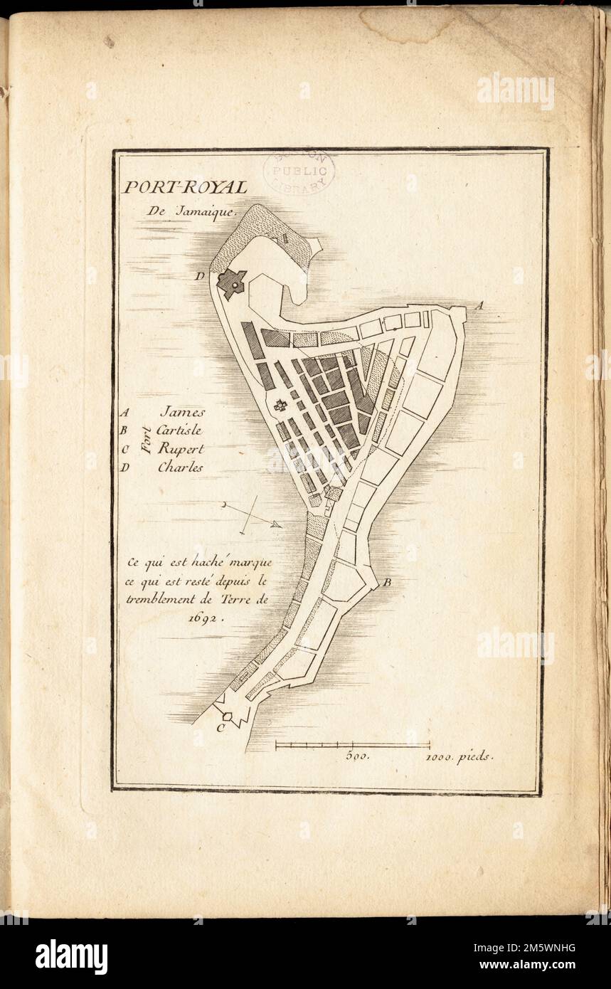 Port-Royal de Jamaique. Orientato con nord verso l'angolo inferiore destro. Dal Recueil des plans de l'Amerique Septentrionale dell'autore. 1755. "CE qui est haché marque ce qui est reste depuis le tremblement de terre de 1692". Indicizzato per forti.... , Giamaica , Kingston , contea , Port Royal Foto Stock