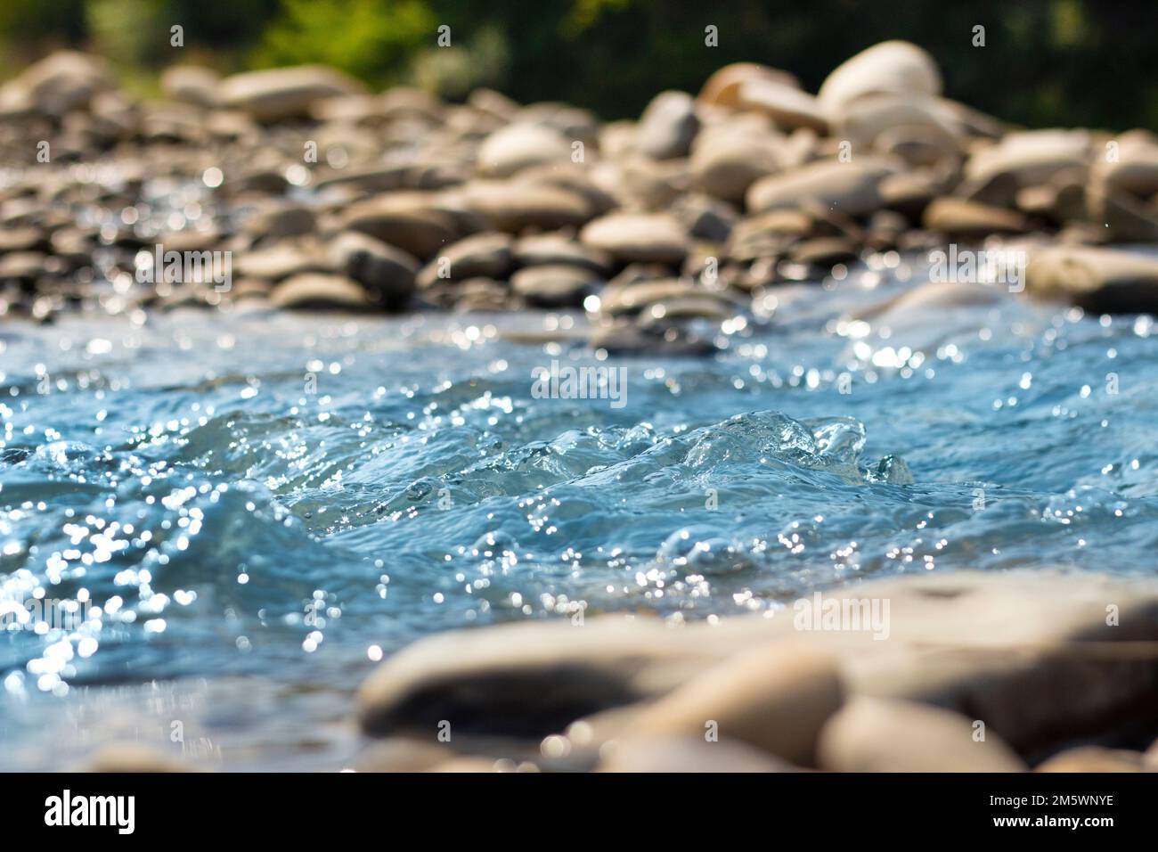 Corrente approssimativa di un fiume di montagna e pietre. Bel movimento di acqua nel selvaggio. Freschezza della natura. Fotografia di fauna selvatica per lo sfondo Foto Stock