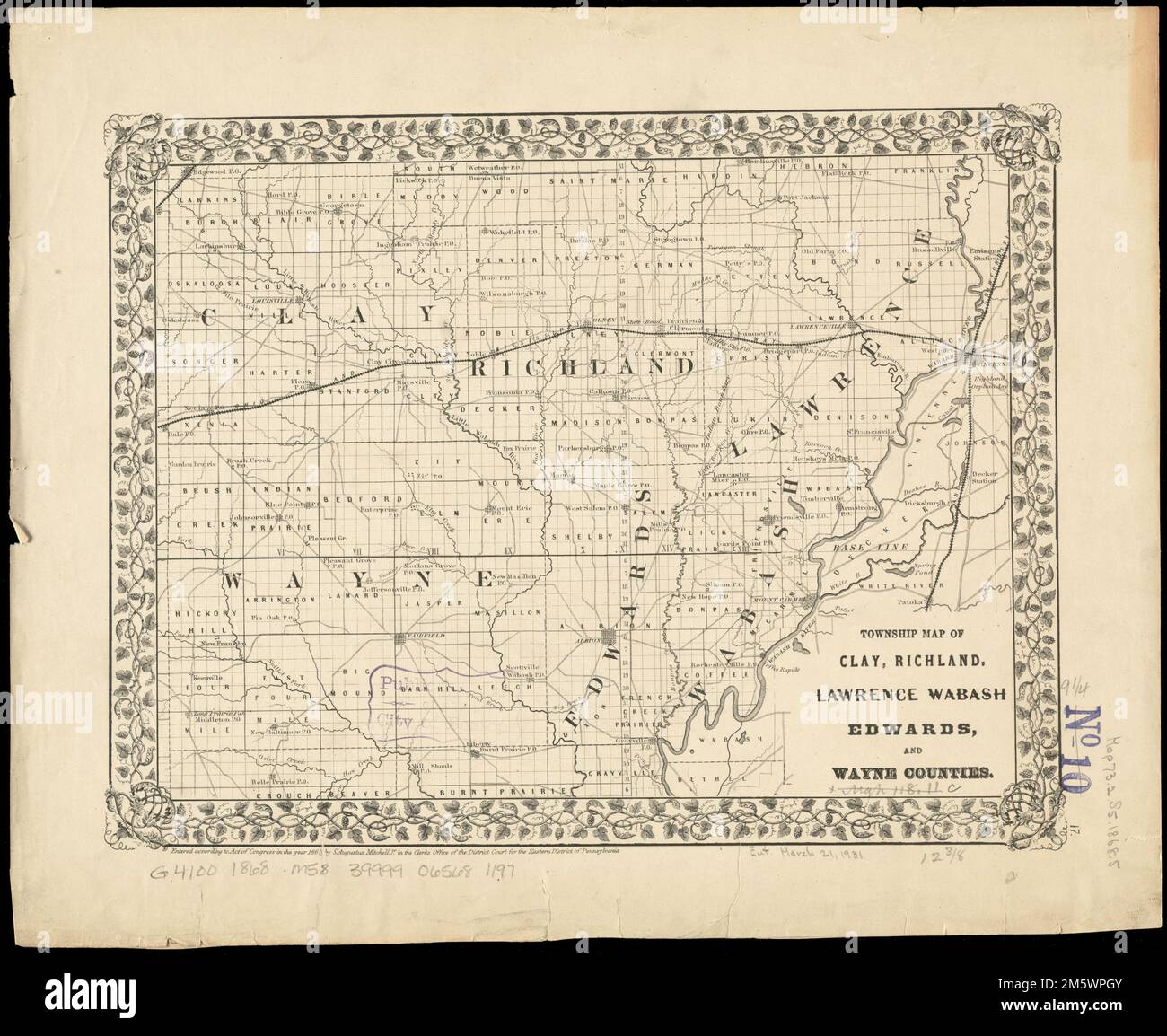 Mappa delle contee di Clay, Richland, Lawrence Wabash Edwards e Wayne. In basso a destra: 17. Stampigliato in viola in alto a destra: N. 10. Parte di una raccolta di mappe delle contee dell'Illinois.... , Illinois , Clay , contea Illinois , Edwards , contea Illinois , Lawrence , contea Illinois , Richland , contea Illinois , Wabash , contea Illinois , Wayne , contea Foto Stock