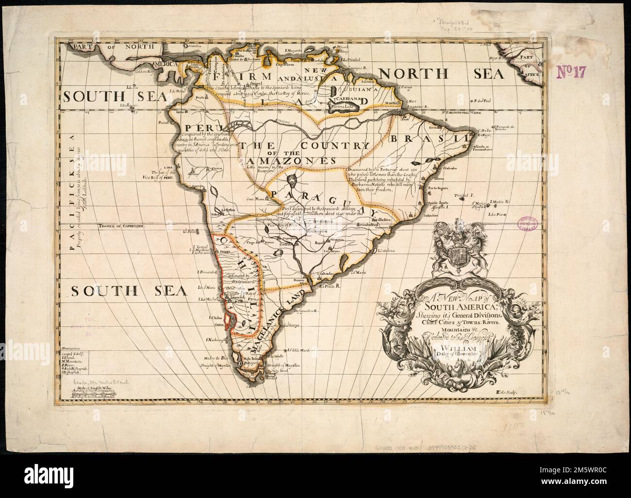 Una nuova mappa del Sud America : shewing it's divisioni generali, città principali & città, fiumi, montagne &c. Rilievo mostrato in figura. Appare in varie edizioni di Well's 'Una nuova serie di mappe ...' pubblicato dal 1700 al 1738. Catalogazione, conservazione e digitalizzazione rese possibile in parte dall'Endowment Nazionale per le Scienze umanistiche: Esplorare lo sforzo umano.... , Sud America Sud America Foto Stock