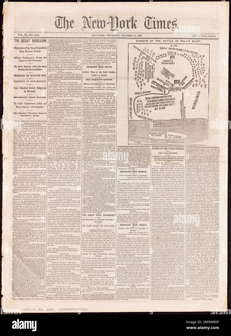 Diagramma della Battaglia di Ball's Bluff. Mappa del giornale che raffigura la Battaglia di Ball's Bluff, in cui l'esercito dell'Unione subì una perdita devastante. Appare nel New York Times, giovedì 31 ottobre 1861.. Lacerato in due: Questa mappa schematica illustra la natura delle mappe dei giornali e il loro ruolo nel contribuire ad informare il pubblico sui progressi della guerra. Pubblicato sulla prima pagina del New York Times dieci giorni dopo la battaglia, ha accompagnato un ampio articolo sulla Battaglia di Balls Bluff, che si è verificato sulle rive del fiume Potomac a poche miglia ad ovest di Washington, DC. Che cosa si suppone Foto Stock