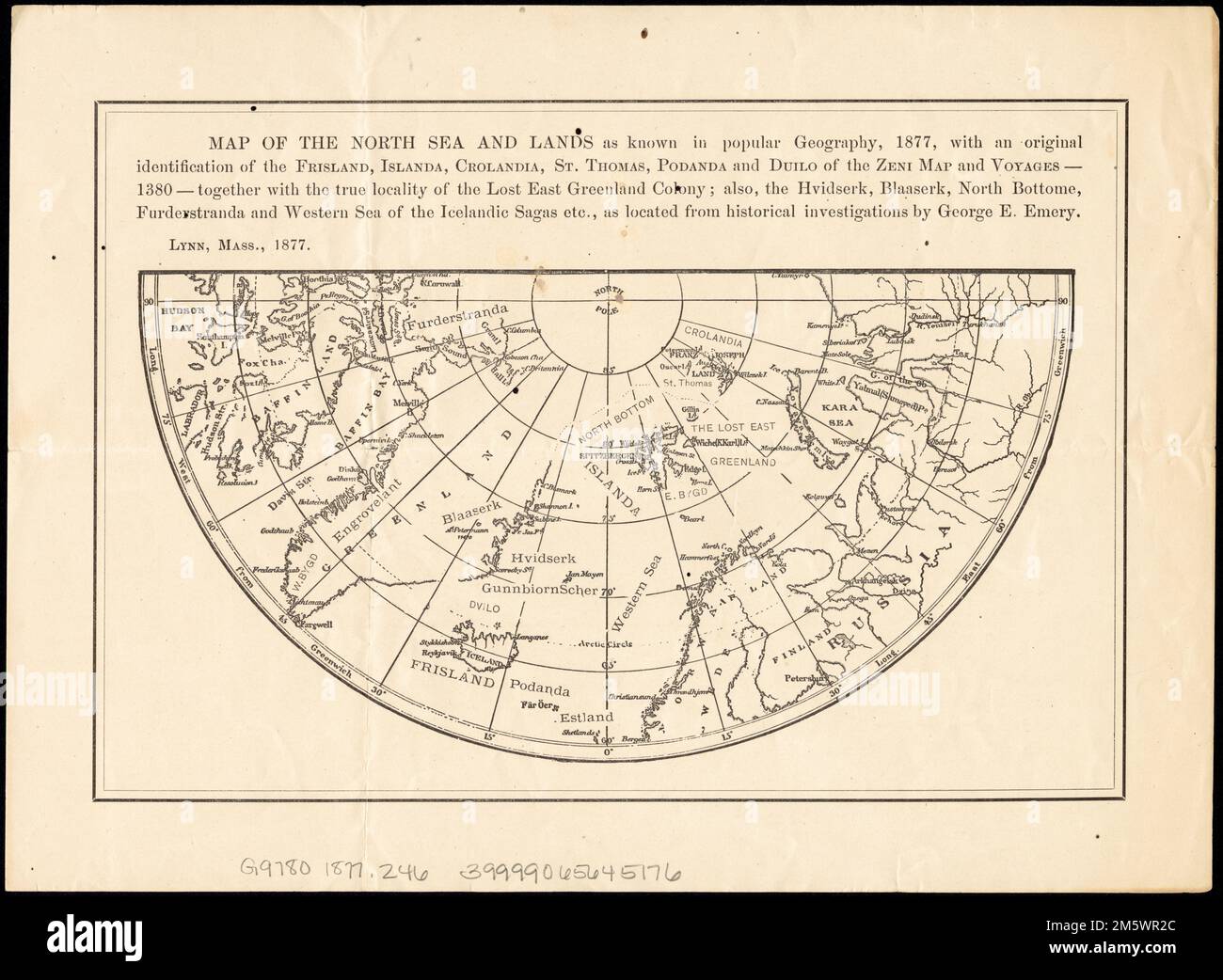 Mappa del Mare del Nord e delle terre note in geografia popolare, 1877, con un'identificazione originale del Frisland, Islana, Cromandia, San Thomas, Podanda e Duilo della mappa e dei viaggi di Zeni : 1380 -- insieme alla vera località della Lost East Greenland Colony; anche, il Hvidserk, Blaaserk, Bottome del Nord, Furderstranda e il Mare Occidentale delle Sagas islandesi, ecc., come si trova dalle indagini storiche di George E. Emery.... , Artico, area Mare del Nord Foto Stock