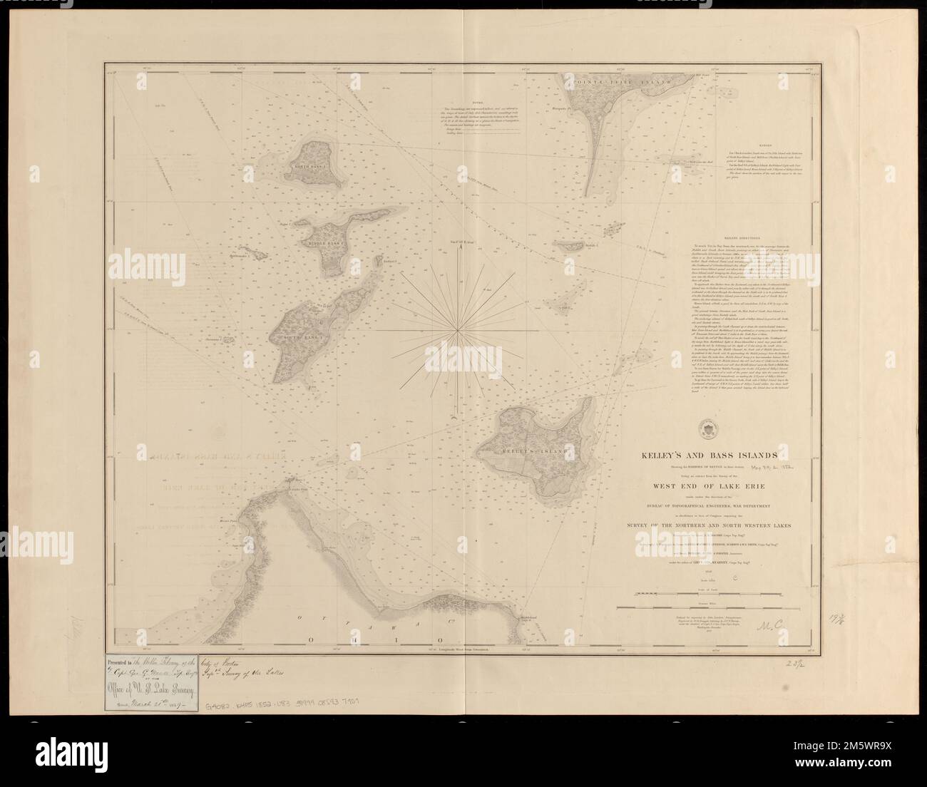 Kelley's e Bass Islands che mostrano i porti di rifugio nelle loro vicinanze come un estratto dell'indagine dell'estremità occidentale del lago Erie effettuata sotto la direzione dell'Ufficio degli ingegneri topografici, Dipartimento di guerra in obbedienza agli atti del Congresso che richiedono l'indagine dei laghi settentrionali e nordoccidentali. Rilievo mostrato da hachures. Profondità indicate da contorni e rilievi. Include note, intervalli e indicazioni per la navigazione a vela. In testa al titolo: Suggellare con il testo 'Survey of the Lakes 1852.'... , Ohio , Erie , contea , Kelleys Island Foto Stock