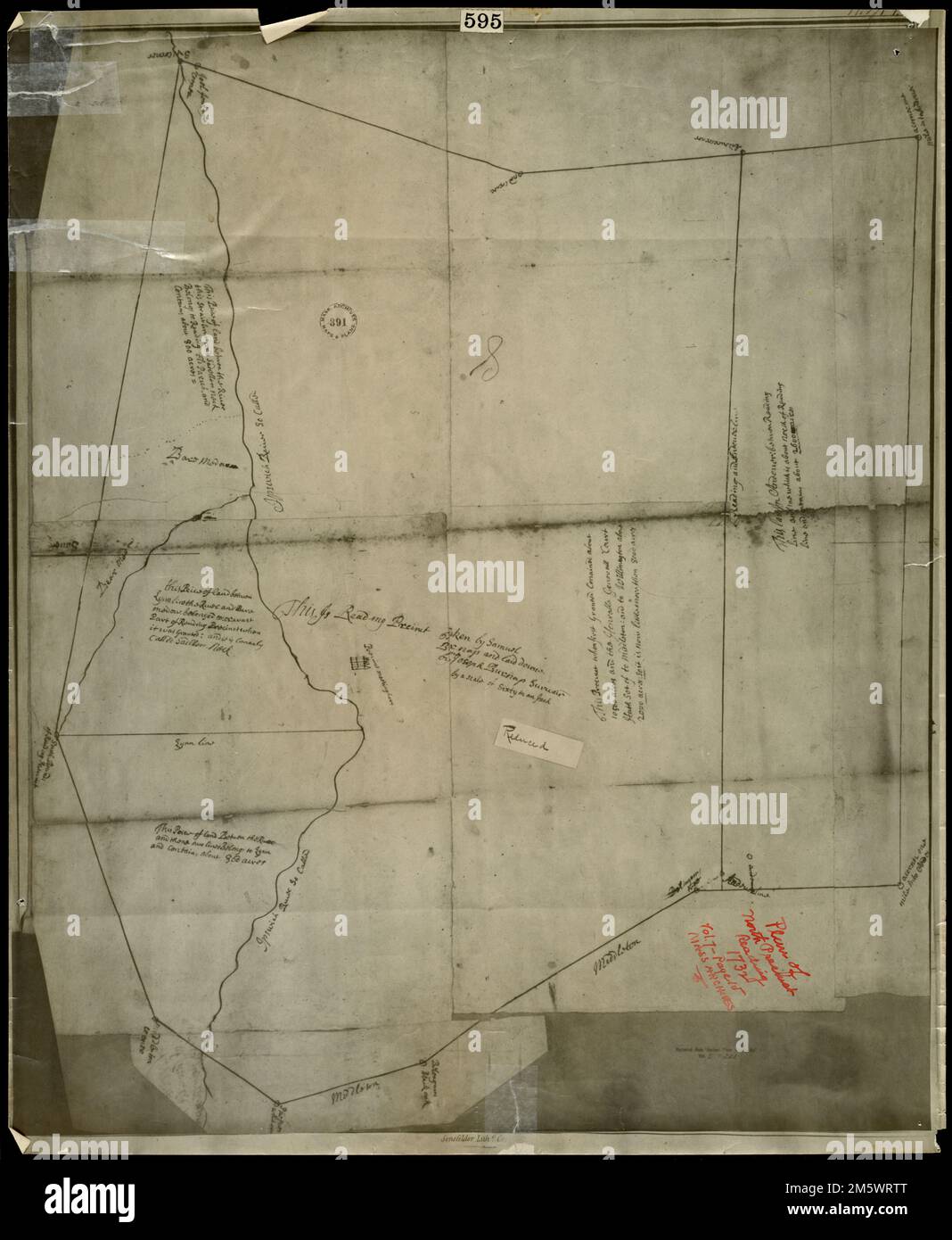 Piano del distretto nord, Reading, 1732 : mostra i confini del distretto, i fiumi e la posizione della casa di riunione. La mappa illustra ciò che ora è North Reading nel 1732, mostrando i confini del distretto, i fiumi e la posizione della sala riunioni. 'Questo precinto, quando concesso per la prima volta conained [sic] circa 10.500 acri e l'Honrable Generall Court ha [illeggibile] a Middleton e a Willmington circa 2000 acri, così è ora poco più di 8000 acri.'-- testo manoscritto dalla mappa. Massa Archivi, mappe e piani, vol. 7, pag. 15... , Massachusetts , Middlesex ,contea , Reading Massachusetts , Middlesex ,contea , Foto Stock
