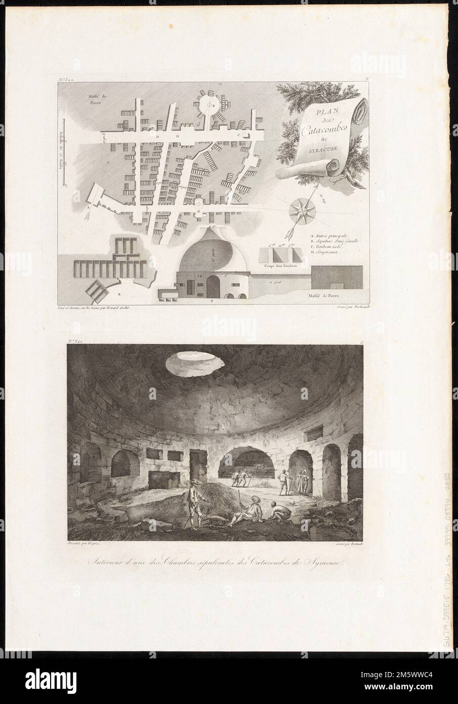 Plan des catacombes de Syracuse ; intérieur d'une des chambres sépulcrales des catacombes. Mappa e illustrazione delle Catacombe di San Giovanni. Da Jean Claude Richard de Saint non's Voyage pittoresque ou description des royaumes de Naples et de Sicile, quatrième volume, secondé partie (Parigi : Imprimerie de Clousier, 1786). Mappa orientata con nord in alto a destra. La mappa include 4 illustrazioni. In alto a sinistra della mappa: N. 520. In alto a sinistra dell'illustrazione: N. 521.. Siracusa, la città principale della Sicilia classica, fu insediata dai Corinzi nel 8th° secolo a.C. Dal 2nd ° secolo CE Foto Stock