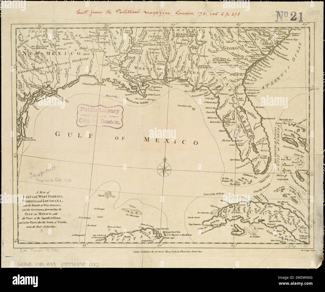Una mappa della Florida orientale e occidentale, della Georgia e della Louisiana, con le isole di Cuba, Bahama, e i paesi che circondano il Golfo del Messico, con il tratto dei galeoni spagnoli, e delle nostre flotte thro' lo stretto della Florida, dalle migliori autorità. Rilievo mostrato in figura. Colorato a mano. Appare nella rivista politica, maggio 1781, v. 2, pag. 293.... , Stati Uniti del sud, area Foto Stock