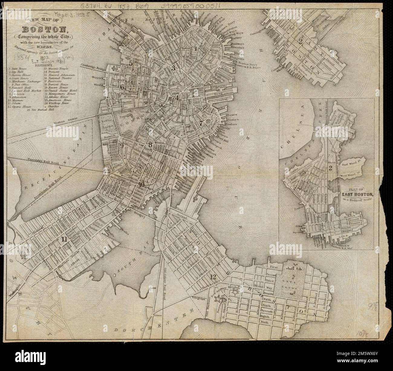 Nuova mappa di Boston, che comprende tutta la città, con i nuovi confini dei rioni. Include l'indice dei punti di interesse. Inset: Piano di East Boston, su scala ridotta. In verso: Mappa del New England che espone la ferrovia stradale e le linee telegrafiche ora in funzione... Mappa del New England che espone le linee ferroviarie stradali e telegrafiche attualmente in funzione. Mappa del New England che espone le linee ferroviarie stradali e telegrafiche attualmente in funzione, Massachusetts , Suffolk , County , Boston Foto Stock