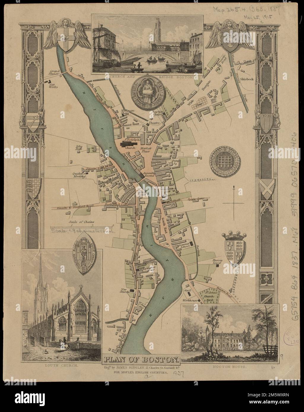 Piano di Boston. Appare nelle contee inglesi di Moule delineate. Londra: G Virtue, 1837. Include illustrazioni di sigilli e bracci araldici. Include 3 viste: Chiesa e Ponte Boston -- Chiesa di Louth -- Nocton House. Boston, Inghilterra, è raffigurata su questa affascinante mappa, che è apparsa in un atlante della contea inglese pubblicato durante la prima metà del 19th ° secolo. La mappa è leggermente colorata con un bordo decorativo. Include anche tre illustrazioni inset di Church and Bridge Boston, Louth Church e Nocton House. Questa città inglese si trova sul fiume Witham nel Lincolnshire. Il fiume, Foto Stock