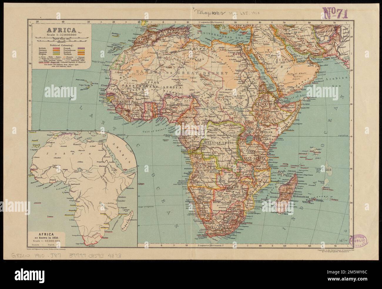 Africa. Rilievo mostrato da hachures. Profondità mostrata dalle tinte del gradiente. Inset: Africa come noto nel 1850. Testo sul verso.... , Africa Africa Foto Stock