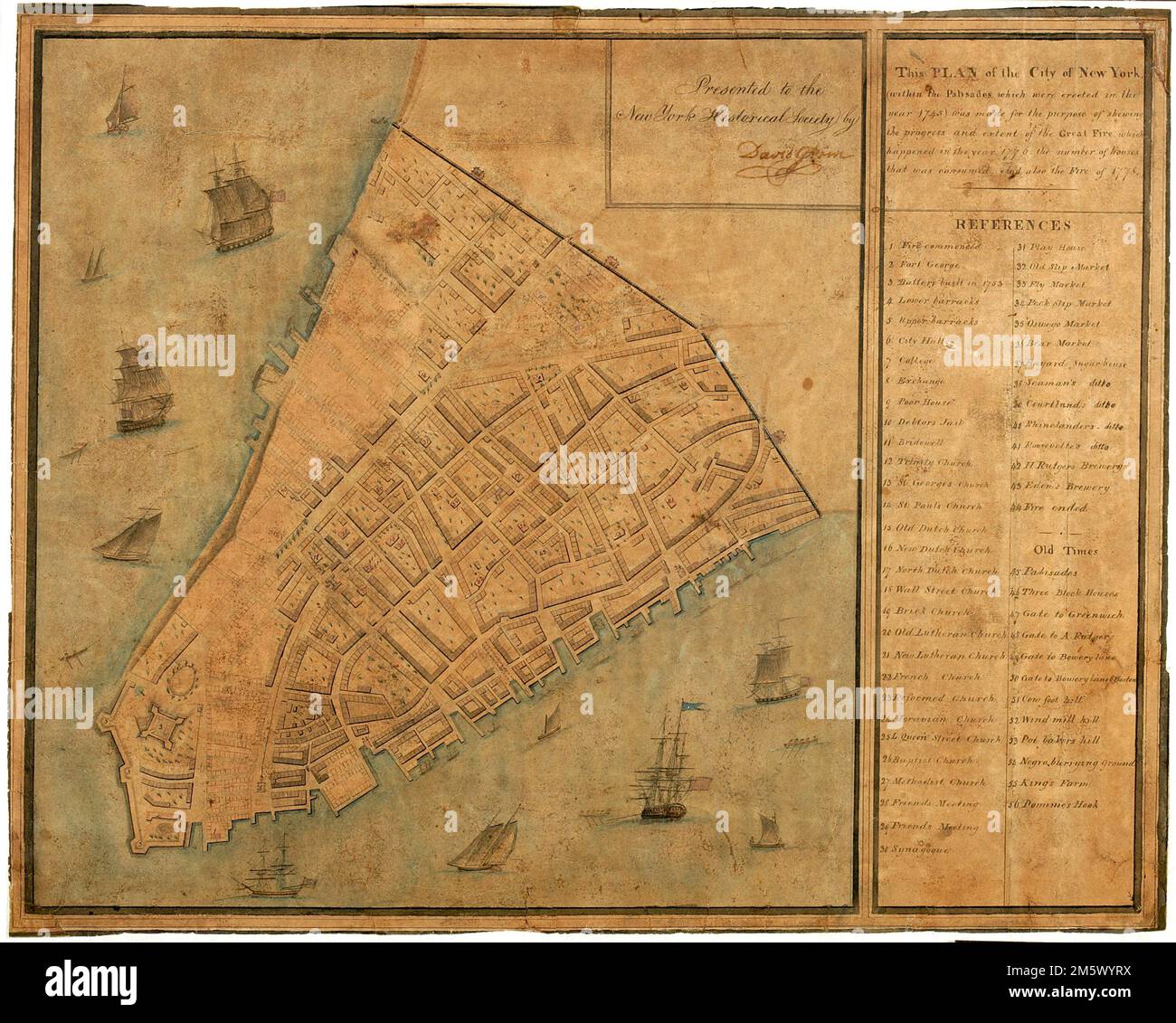 Questo piano della città di New York (all'interno delle palisadi erette nell'anno 1743) è stato fatto allo scopo di far conoscere il progresso e la portata del grande incendio che è accaduto nell'anno 1776, il numero di case che è stato consumato, e anche il fuoco di 1778. Mappa storica. Copre Manhattan Island a sud di Modern Chambers Street, New York (N.Y.) Mostra edifici e altre caratteristiche urbane. "Presentato alla New York Historical Society da David Graim." Attribuito dal catalogatore a Ghim. Data di ms. Dopo la fondazione del 1804 del NYHS. Data prima della morte di bordo 1826. Fornito mostrato in figura. Foto Stock