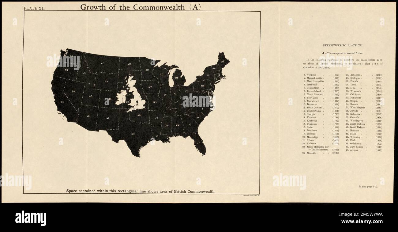 Crescita del Commonwealth (A). Mostra le dimensioni relative delle Isole Britanniche sovrapposte su una mappa degli Stati Uniti. Include i riferimenti. Appare nel commonwealth of Nations / a cura di L. Curtis. "Piastra XII." 'A faccia pagina 647.'... , Isole Britanniche, area Stati Uniti Foto Stock