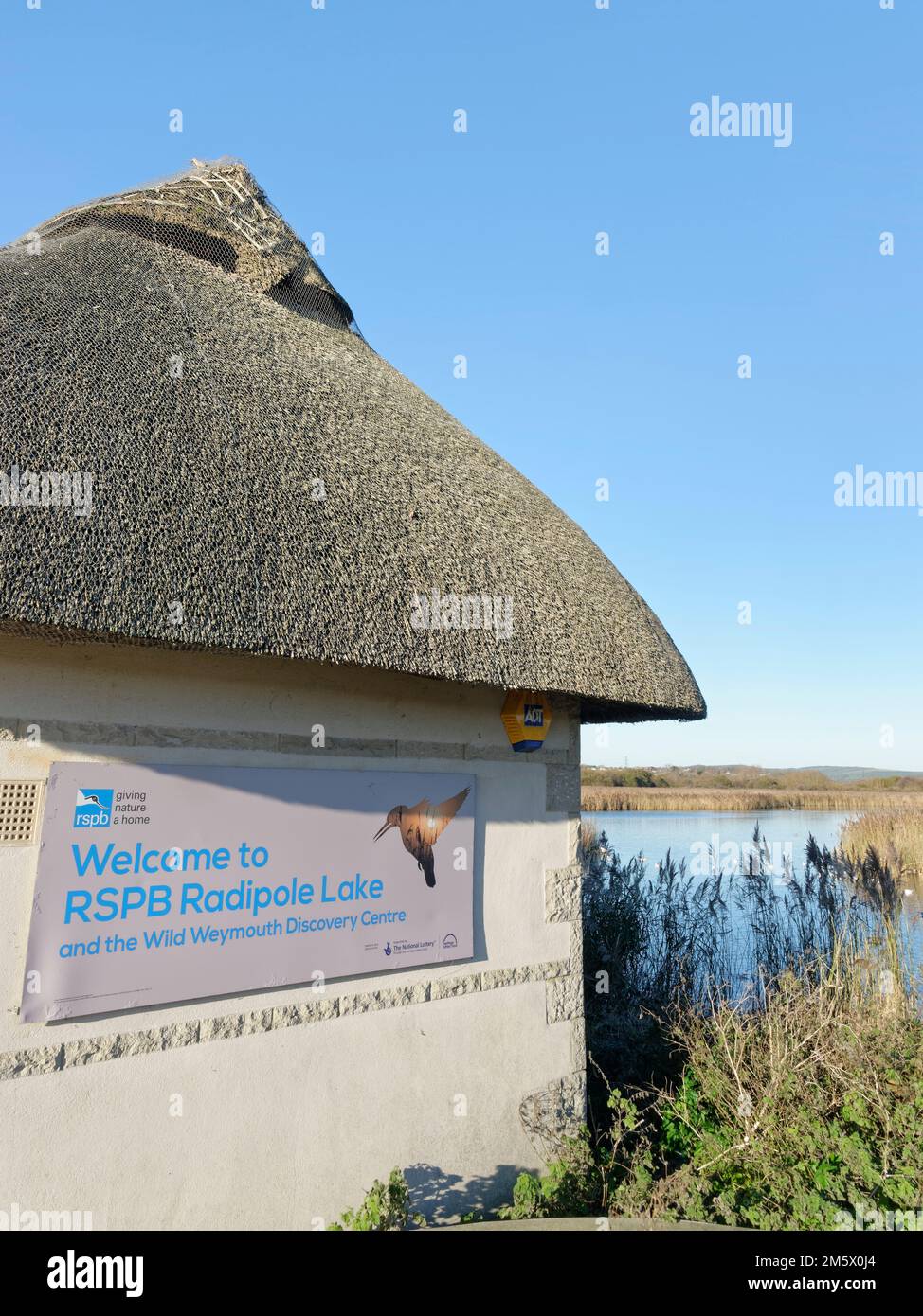 Centro visitatori accanto a una grande laguna costiera orlata da canneti, RSPB Radipole Lake Nature Reserve, Weymouth, Dorset, Regno Unito, dicembre Foto Stock