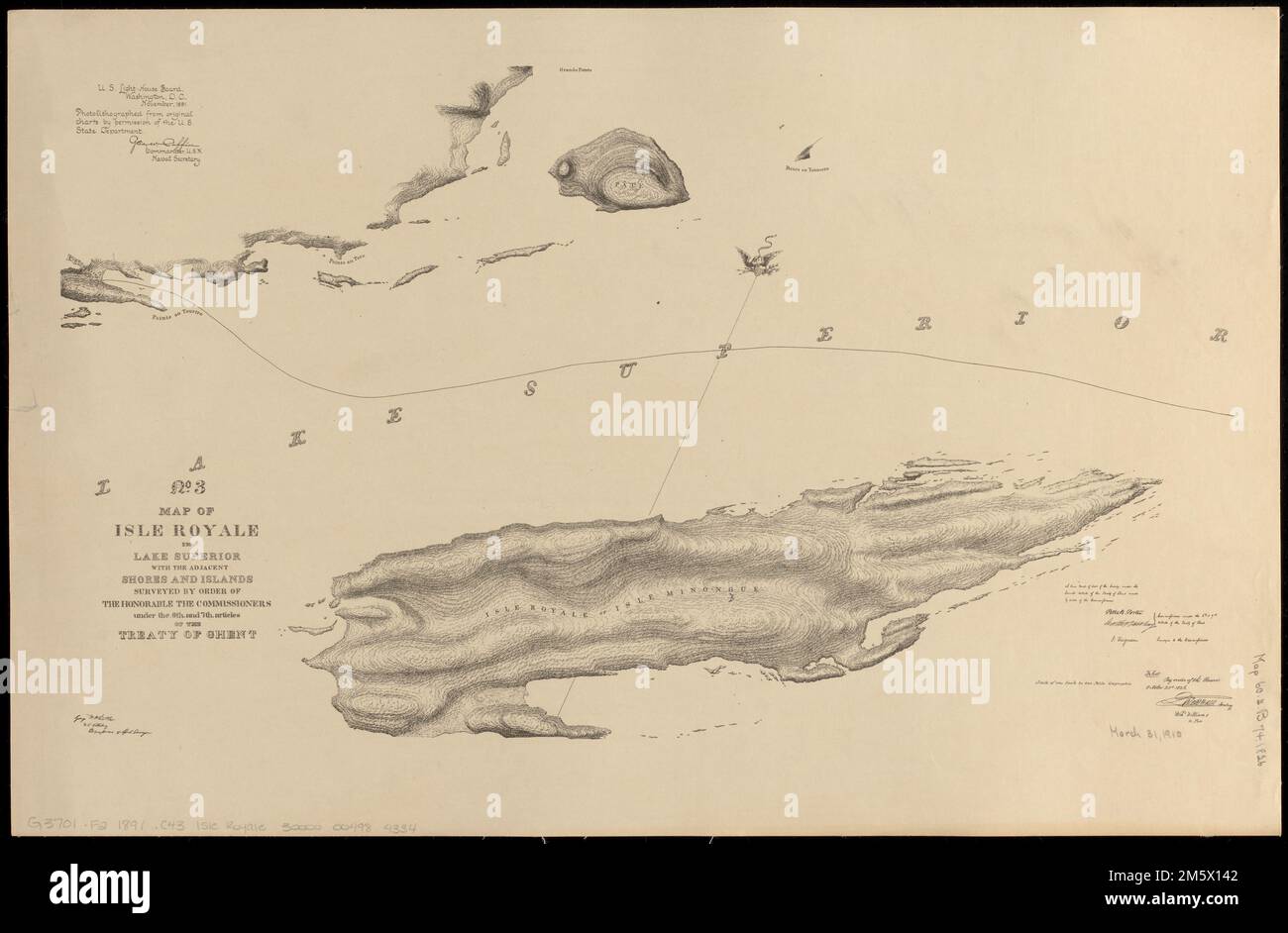 No. 3 Mappa dell'Isola Royale nel Lago superiore con le coste adiacenti e le isole esaminate per ordine degli onorevoli Commissari ai sensi degli articoli 6th e 7th del Trattato di Gand. Rilievo mostrato da hachures. Orientato con nord verso l'alto a destra. "Una vera mappa di una parte dell'indagine, ai sensi del settimo articolo del Trattato di Gand, su ordine dei commissari.” «Depositata con ordinanza del Consiglio di Amministrazione nell'ottobre 23d 1826.» 'Fotolitografato da grafici originali su autorizzazione degli Stati Uniti Dipartimento di Stato." Parte di una serie di mappe [grafici per il confine internazionale tra gli Stati Uniti a Foto Stock