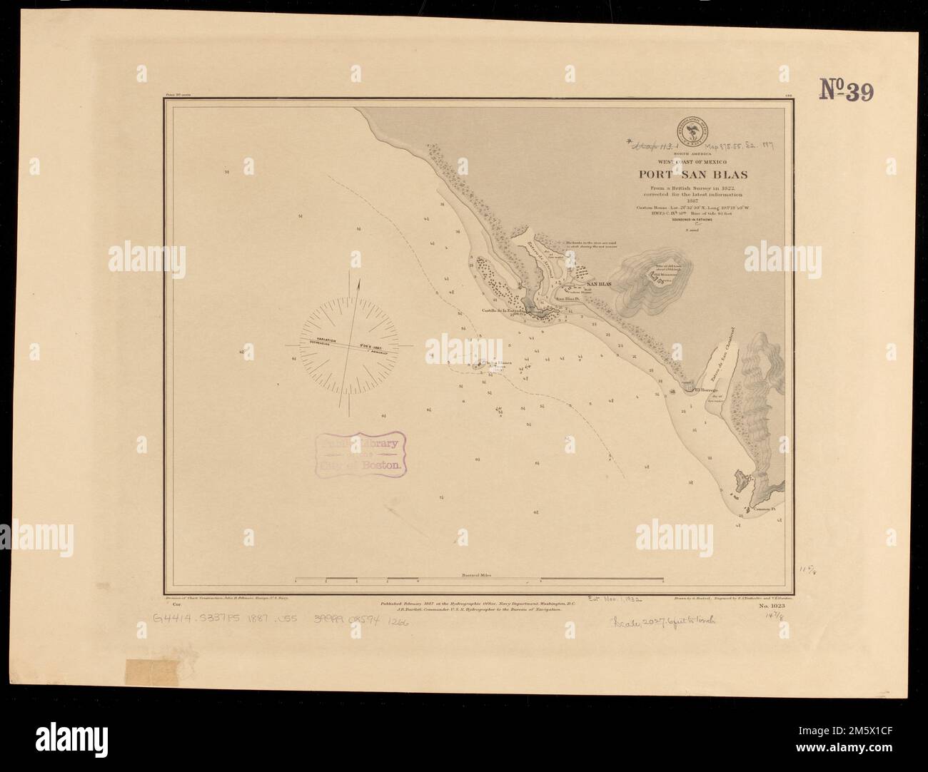 Nord America, costa occidentale del Messico, Port San Blas : da un sondaggio britannico nel 1822, corretto per le ultime informazioni, 1887. Rilievo mostrato da contorni, ombreggiature e altezze dei punti. Profondità indicate da sonature e isoline... Port San Blas. Port San Blas, Messico , Nayarit , San Blas Foto Stock