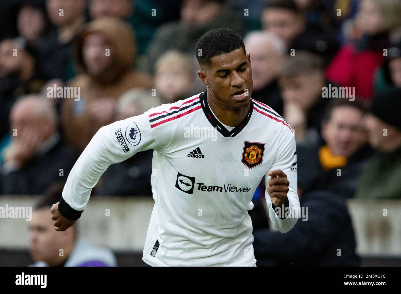 Wolverhampton, Regno Unito. 31st dicembre 2022. Wolverhampton, Regno Unito. 31st Dec 2022. Marcus Rashford del Manchester United durante la partita della Premier League tra Wolverhampton Wanderers e Manchester United a Molineux, Wolverhampton, sabato 31st dicembre 2022. (Credit: Gustavo Pantano | MI News ) Credit: MI News & Sport /Alamy Live News Foto Stock