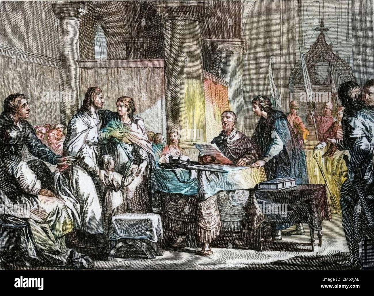 Abdicazione de Carloman (vers 715-754), maire du palais d'Austrasie, au profit de son frere, Pepin III dit Pepin le BREF (714-768), 747. Gravure de Jean Michel Moreau, dit Moreau le Jeune (1741-1814), 18eme siecle. Figure de l'histoire de France (dessinées par Moreau le Jeune, Lépicié et Monnet, gravées par le Bas avec notices de l'abbé Jean-Jacques Garnier) 1785 - colorazione digitale d'apres l'originale - Foto Stock