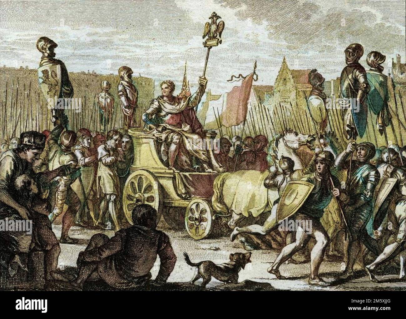 Defile de Philippe II Auguste (1165-1223) dans les rues de Paris, apres la victoire de l'armee francaise contre les flamands et Welfs de Othon IV lors de la bataille de Bouvines, 1214. Le roi de France tient le scepter de l'Aigle Imperial, simboleggia l'impero di Saint romain germanique. Derriere figlio Char, Ferrand comte de Flandre (1188-1233), fait prigioniero. Gravure de Jean Michel Moreau, dit Moreau le Jeune (1741-1814), 18eme siecle. Figure de l'histoire de France (dessinées par Moreau le Jeune, Lépicié et Monnet, gravées par le Bas avec notices de l'abbé Jean-Jacques Garnier) 1785 - Colorisat Foto Stock