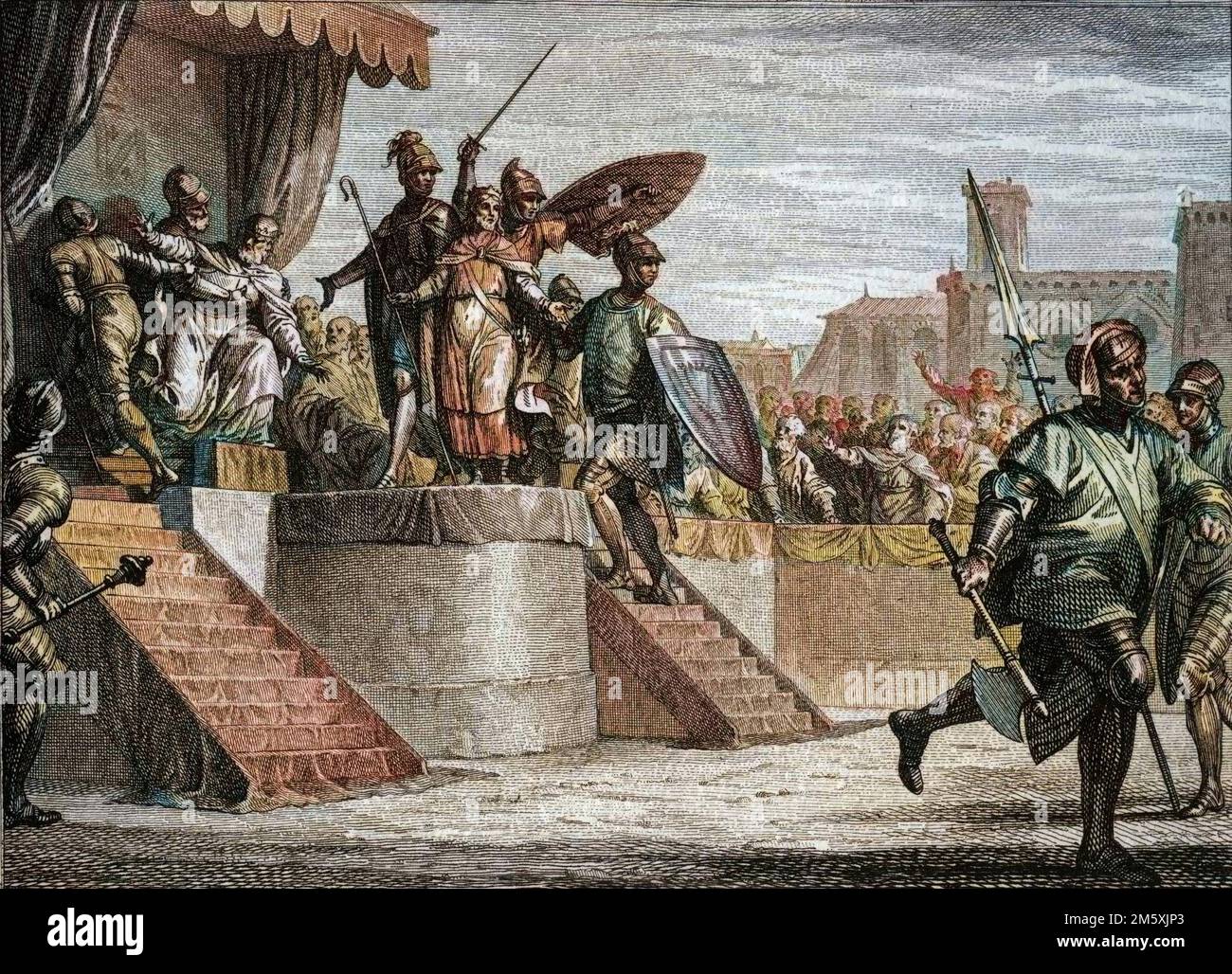 Fin de la dynastie des Merovingiens, 751 : Deposition du roi Childeric III (vers 714-754) par Pepin le BREF (714-768). Gravure de Jean Michel Moreau, dit Moreau le Jeune (1741-1814), 18eme siecle. Figure de l'histoire de France (dessinées par Moreau le Jeune, Lépicié et Monnet, gravées par le Bas avec notices de l'abbé Jean-Jacques Garnier) 1785 - colorazione digitale d'apres l'originale - Foto Stock