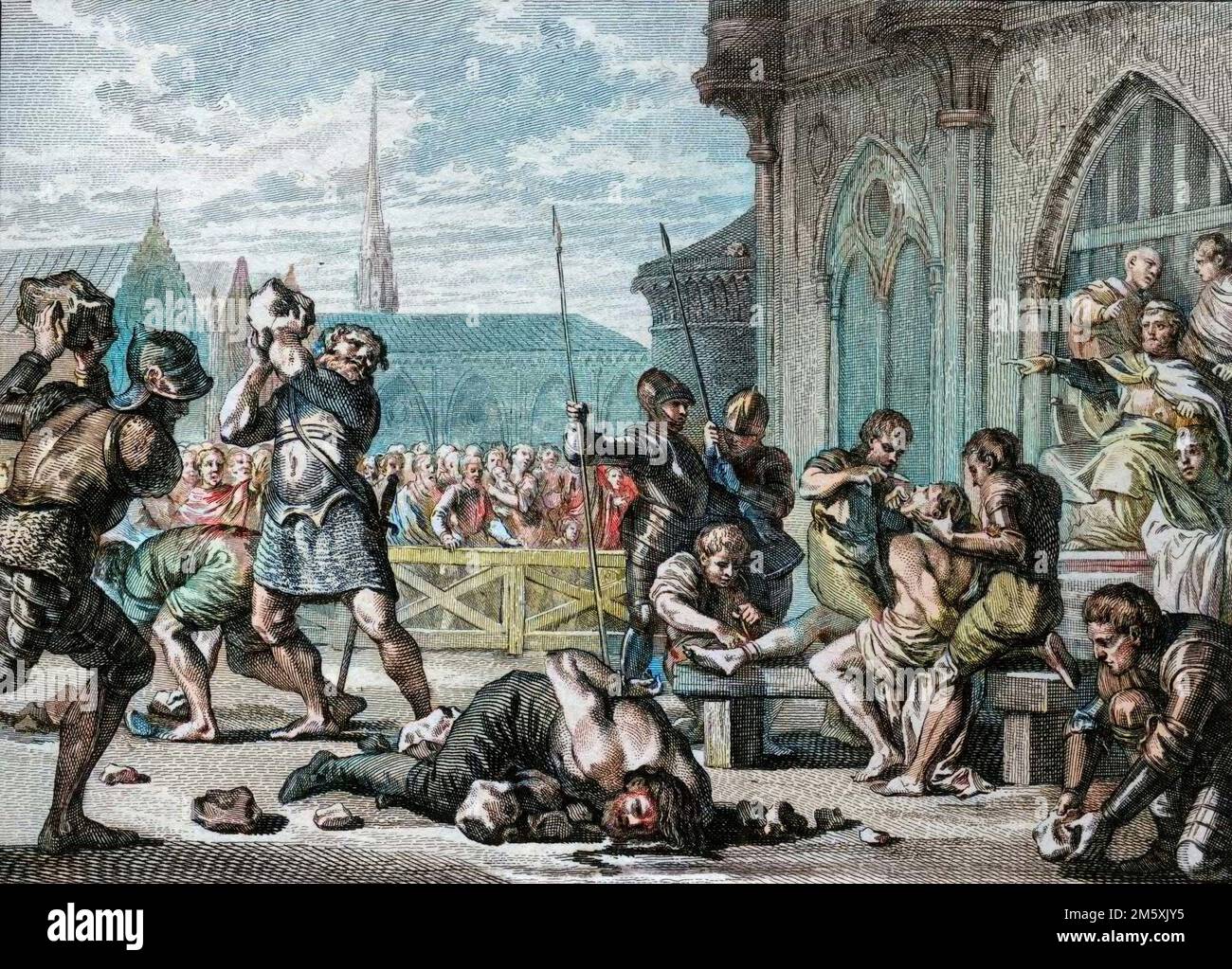 Martyr de Saint Leger et du comte Guarin, 675 : l'eveque Saint Leger (616-675), un droite, a la langue et les levres coupees. Son frere, le comte Guarin (a gauche) est lapide. Gravure de Jean Michel Moreau, dit Moreau le Jeune (1741-1814), 18eme siecle. Figure de l'histoire de France (dessinées par Moreau le Jeune, Lépicié et Monnet, gravées par le Bas avec notices de l'abbé Jean-Jacques Garnier) 1785 - colorazione digitale d'apres l'originale - Foto Stock