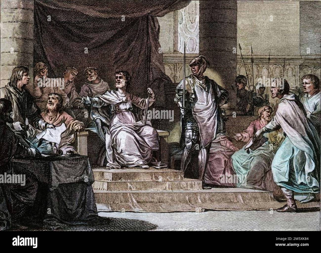 Rappresentazione imaginaire du regne des 'rois faineants' merovingiens : Clovis III (682-695), Childebert III (683-711) et Dagobert III (vers 697-715) sont endormis et assis derriere le maire du palais Pepin le Jeune ou de Herstal (vers 653-714). Gravure de Jean Michel Moreau, dit Moreau le Jeune (1741-1814), 18eme siecle. Figure de l'histoire de France (dessinées par Moreau le Jeune, Lépicié et Monnet, gravées par le Bas avec notices de l'abbé Jean-Jacques Garnier) 1785 - colorazione digitale d'apres l'originale - Foto Stock