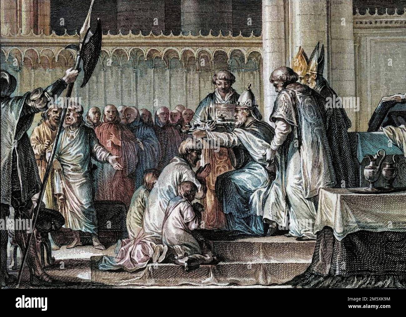 Sacre de Pepin le BREF (714-768), basilique Saint Denis, 28 juillet 754 : le Pape Etienne II le consacre roi des Francs et Patrice des Romains (Patricius Romanorum). A ses cotes, ses deux fils, Carloman et Charles (il futur Charlemagne). Gravure de Jean Michel Moreau, dit Moreau le Jeune (1741-1814), 18eme siecle. Figure de l'histoire de France (dessinées par Moreau le Jeune, Lépicié et Monnet, gravées par le Bas avec notices de l'abbé Jean-Jacques Garnier) 1785 - colorazione digitale d'apres l'originale - Foto Stock