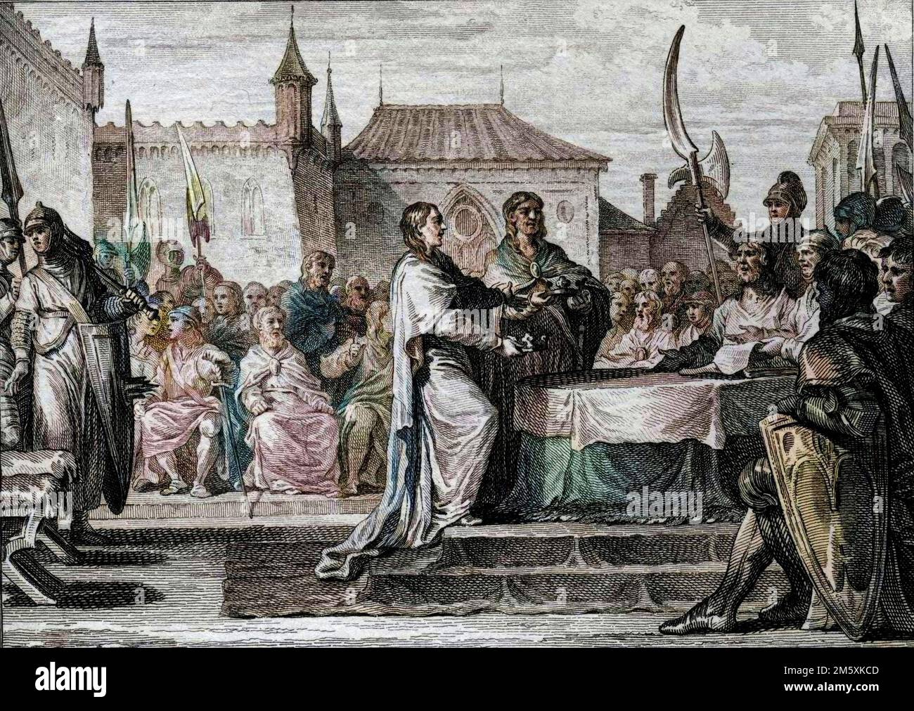 Succession de Pepin le BREF, 768 : une assemblee decida du partage du royaume entre ses deux fils, Charlemagne (747-814) et Carloman (vers 751-771), cassant ainsi les disposizioni pries par Pepin le BREF. Gravure de Jean Michel Moreau, dit Moreau le Jeune (1741-1814), 18eme siecle. Figure de l'histoire de France (dessinées par Moreau le Jeune, Lépicié et Monnet, gravées par le Bas avec notices de l'abbé Jean-Jacques Garnier) 1785 - colorazione digitale d'apres l'originale - Foto Stock