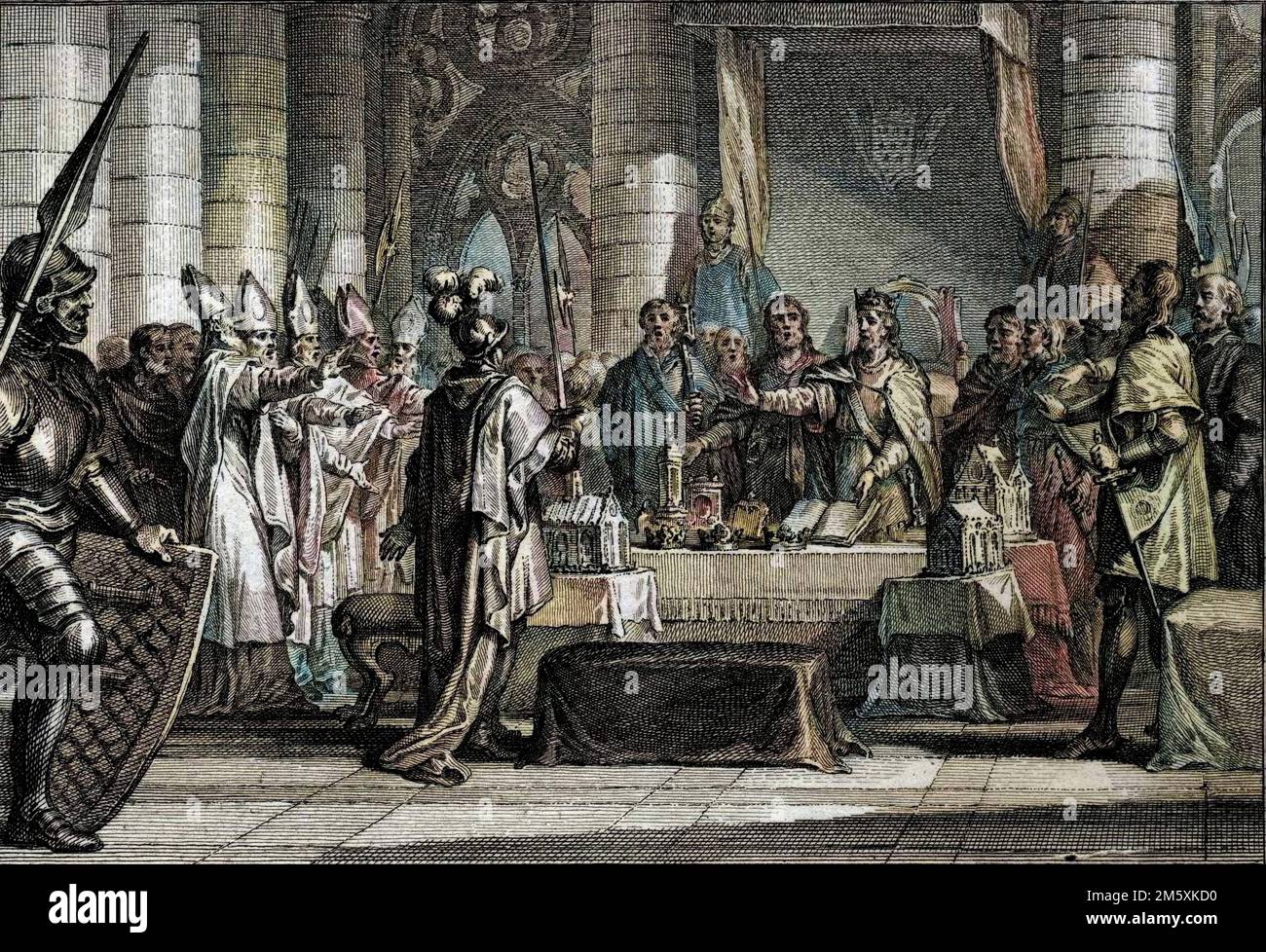 Succession de Louis 1er le Pieux ou le Debonnaire, 816 : l'empereur d'Occidental (778-840) devant les trois couronnes simbolizant le partage de son Empire en trois royaumes, chacun revenant a un de ses fils (Lothaire, Pepin, Louis). Gravure de Jean Michel Moreau, dit Moreau le Jeune (1741-1814), 18eme siecle. Figure de l'histoire de France (dessinées par Moreau le Jeune, Lépicié et Monnet, gravées par le Bas avec notices de l'abbé Jean-Jacques Garnier) 1785 - colorazione digitale d'apres l'originale - Foto Stock