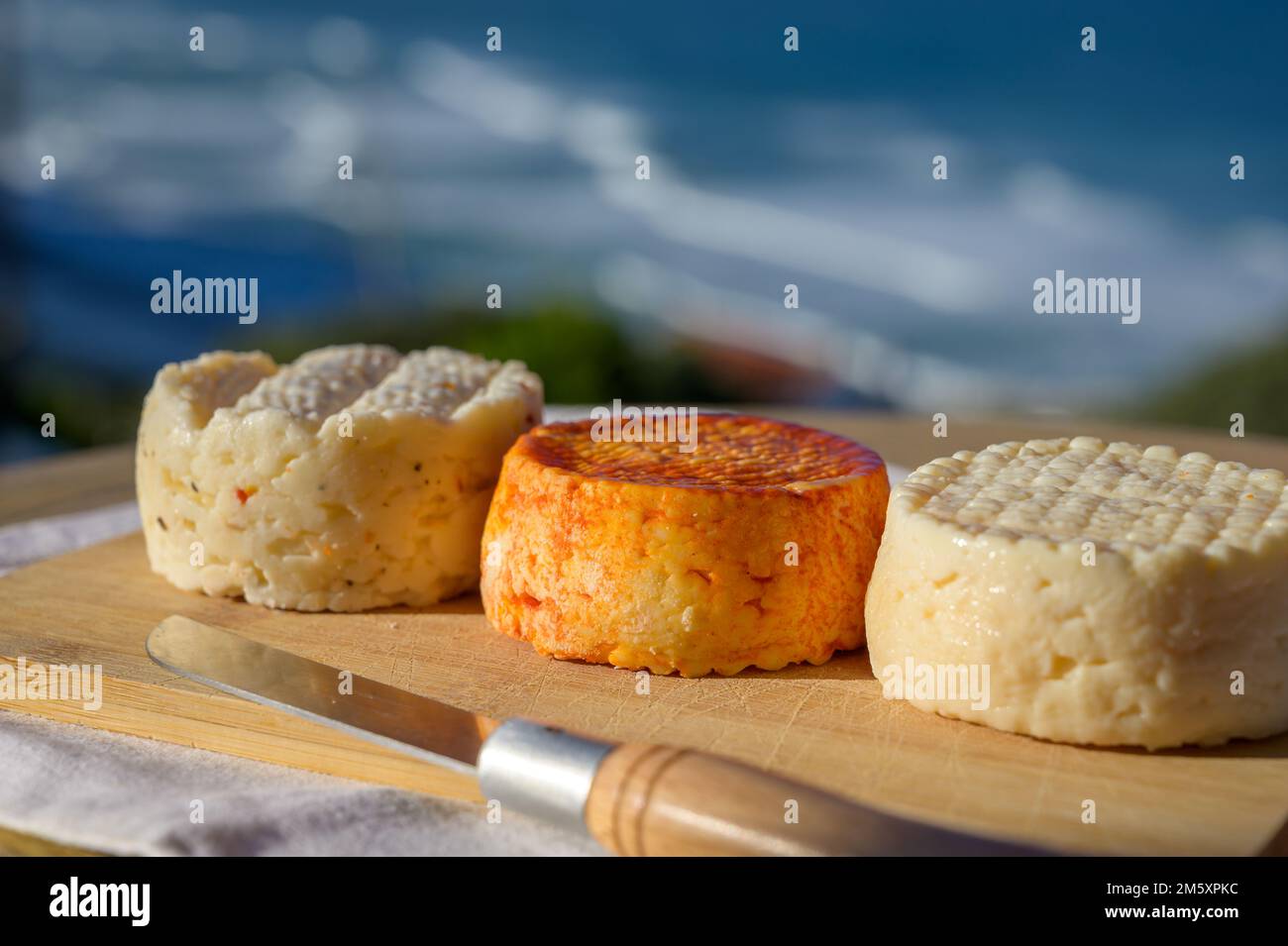 Varietà di capra, pecora, formaggi di mucca fatti con paprika, erbe in Portogallo servita all'aperto Foto Stock