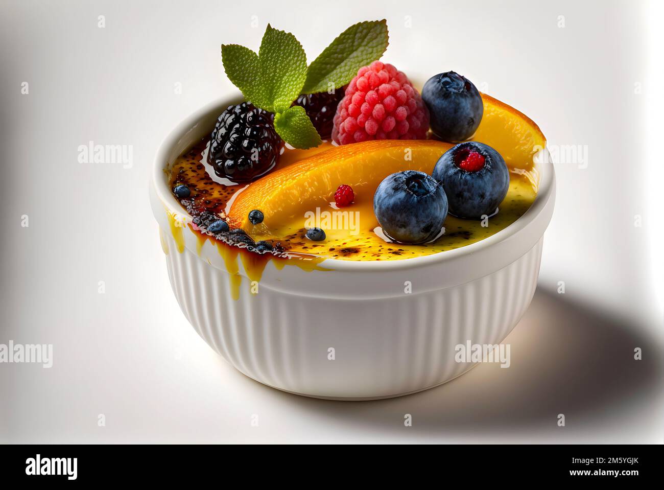 Elegante Crème Brûlée con base di crema classica e condimento alla frutta colorato Foto Stock