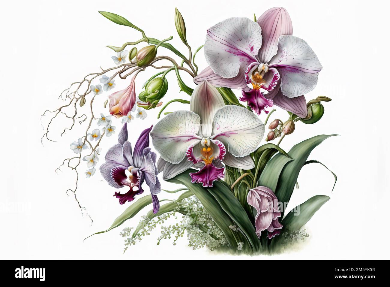 Bouquet di orchidee su sfondo bianco, ai generato Foto Stock