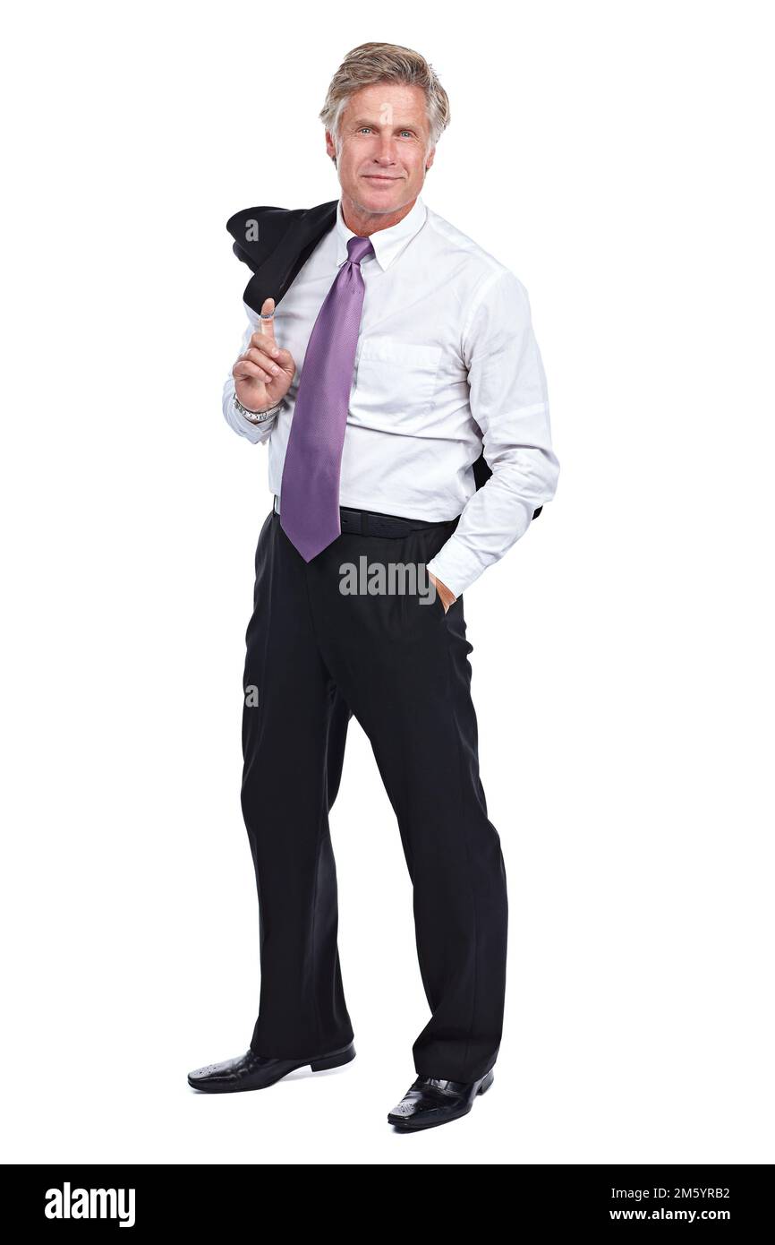 Alcune persone sono solo costruite per il business. Ritratto completo di un uomo d'affari in piedi con la mano in tasca su sfondo bianco. Foto Stock