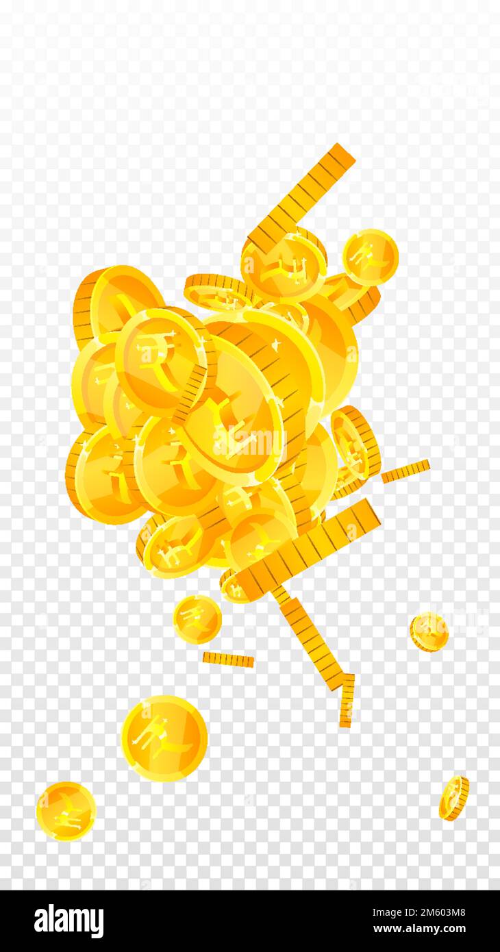 Le monete indiane della rupia cadono. Monete d'oro INR sparse. India denaro. Grande concetto di successo aziendale. Illustrazione vettoriale. Illustrazione Vettoriale
