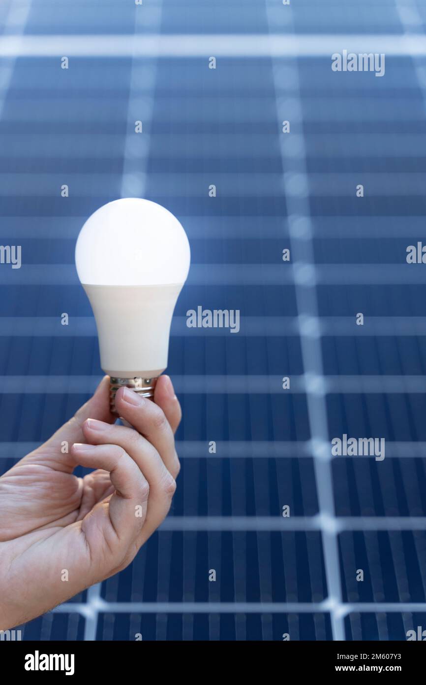 Concetto di risparmio energetico con lampadina e pannelli solari Foto Stock