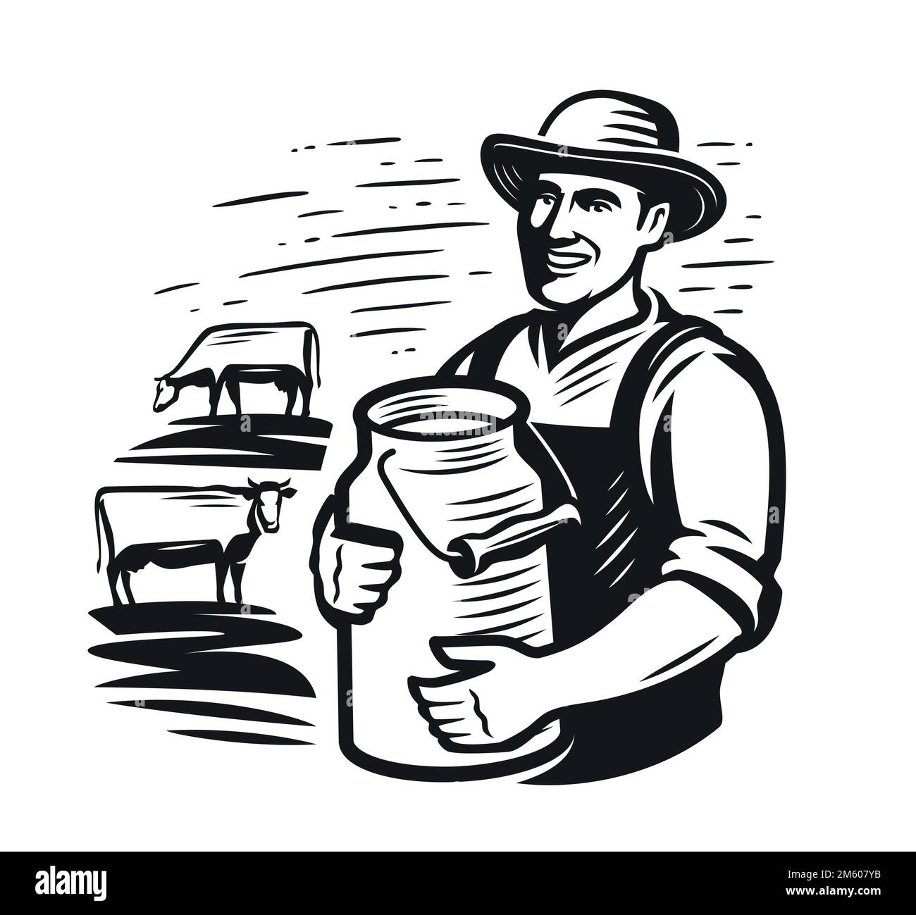 Uomo felice contadino in piedi con latte può, vicino a mucche al pascolo in prato. Stemma o logo di aziende lattiero-casearie. Illustrazione vettoriale Illustrazione Vettoriale