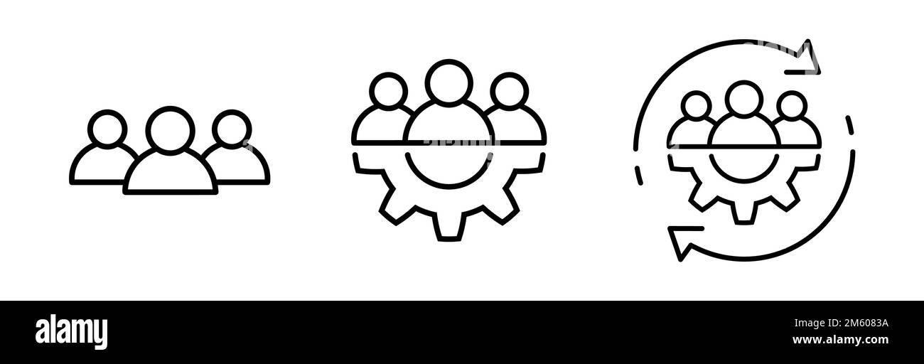 Set di icone a linea sottile per lavoro di squadra. Simboli di leadership Illustrazione Vettoriale