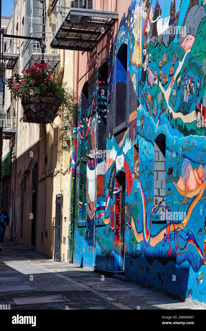 Facciata colorata, murales e balconi, leggendaria libreria indipendente e editore, libreria City Lights, Columbus Avenue, North Beach, Downtown Foto Stock