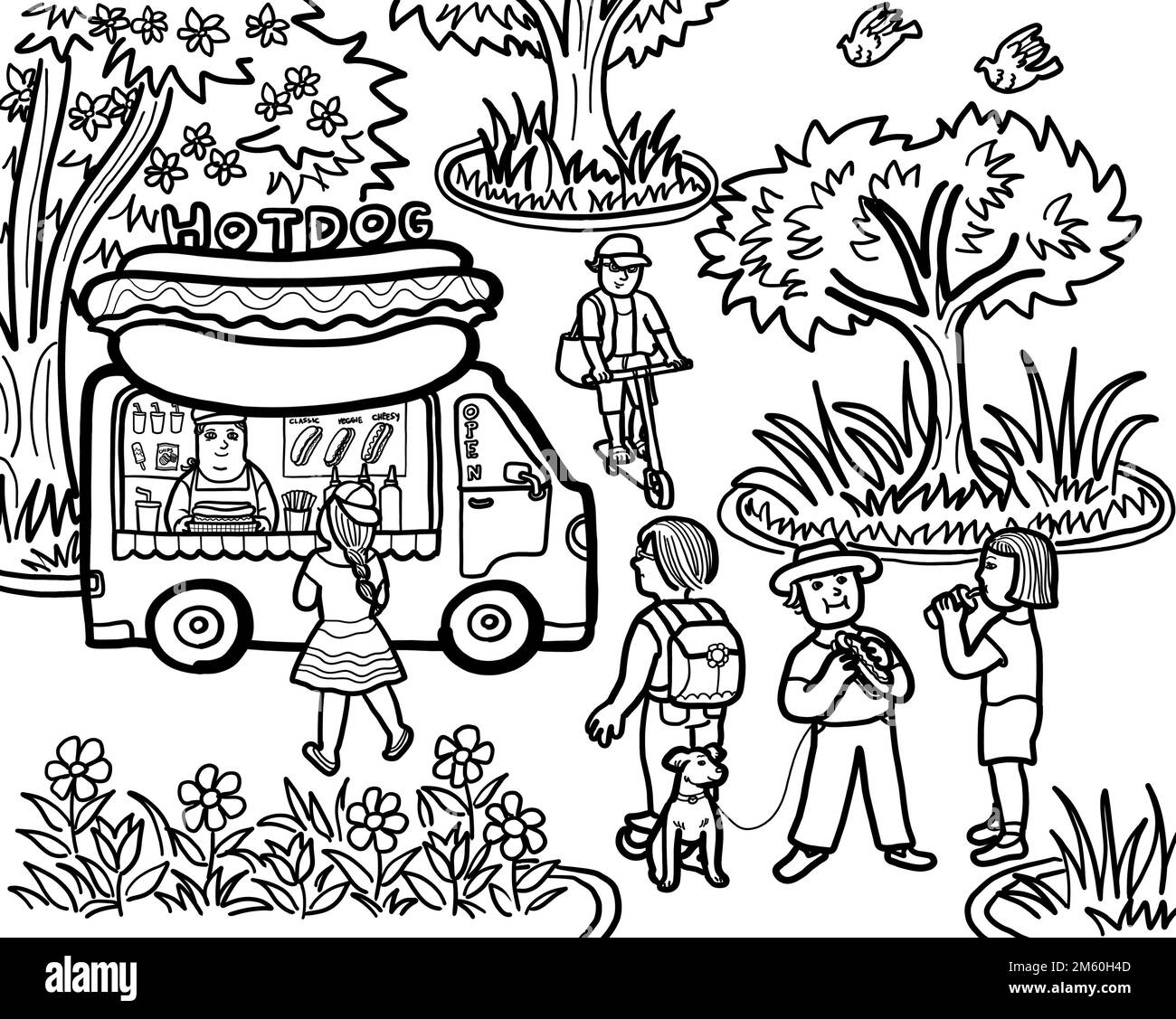 Un camion di Street food con un fornitore che vende hot dog ai clienti nel parco cittadino. Cibo da take away all'aperto e concetto di piccola impresa. Foto Stock
