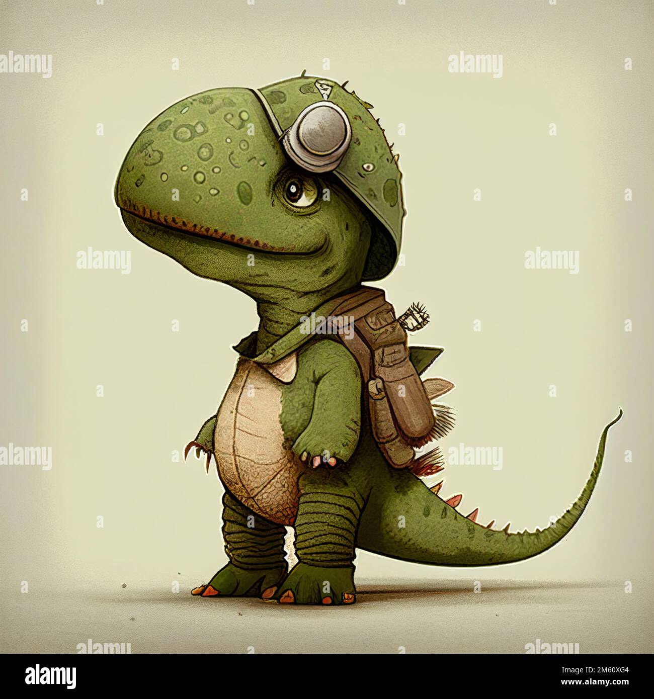 Un'illustrazione generata dall'intelligenza artificiale di un dinosauro  verde con uno zaino marrone e un casco isolato su uno sfondo grigio Foto  stock - Alamy