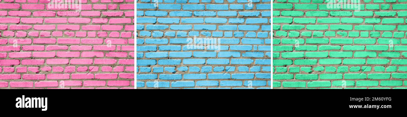 Set di sfondo multicolore muro di mattoni. Sfondo di mattoni rosa, blu e ciano Foto Stock