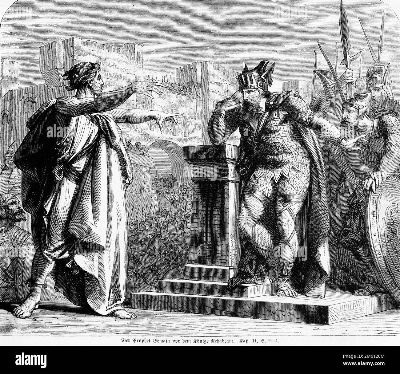 Der Prophet Semaja vor dem Könige Rehabeam, Antico Testamento, secondo Libro delle Cronache, capitolo 11, versetto 2-4, illustrazione storica 1850 Foto Stock