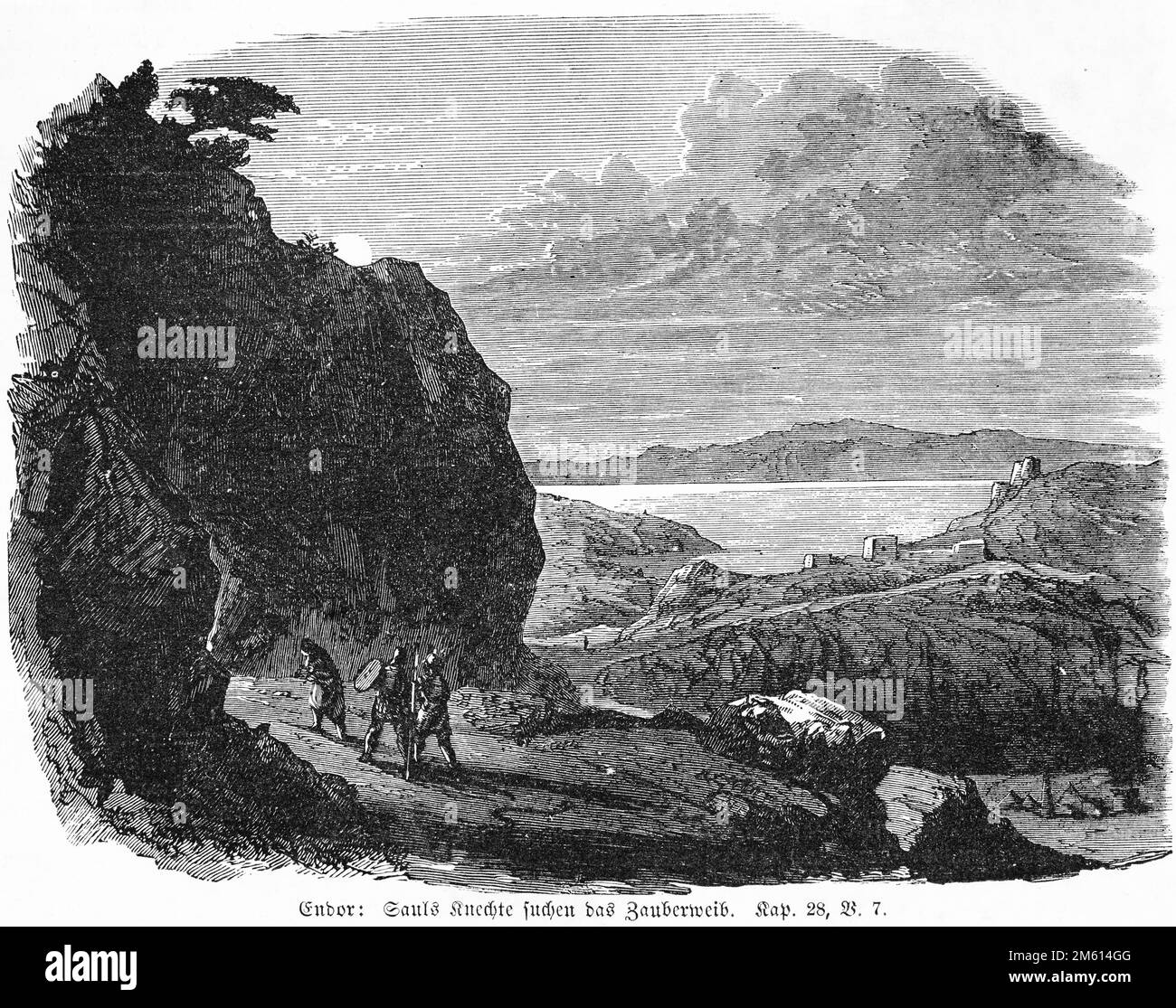 Trovare una donna con spirito familiare a fine, Bibbia, Antico Testamento, primo Libro di Samuele, Capitolo 28, versetto 7, iIllustrazione storica circa 1850 Foto Stock