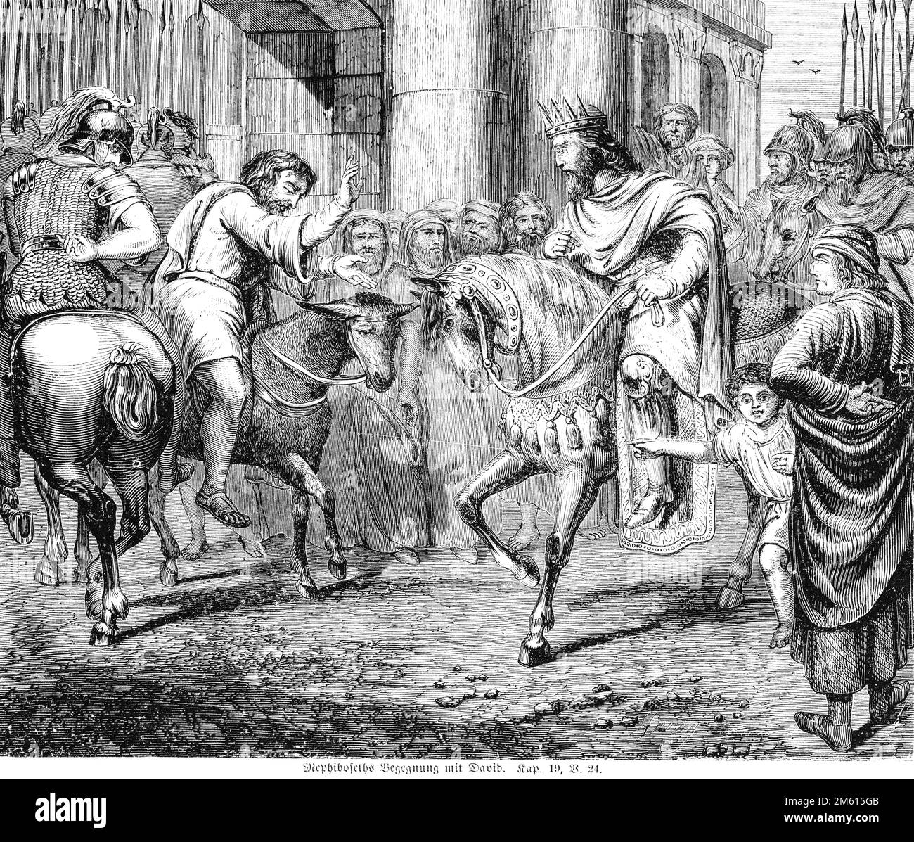 Mefibosceth, figlio di Saul, incontra il re Davide, Bibbia, Antico Testamento, secondo Libro di Samuele, Chapter19, verso 24, illustrazione storica 1850 Foto Stock